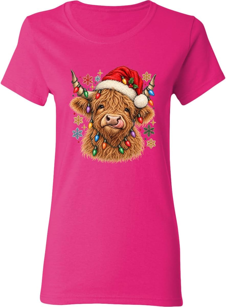 inktastic Highland Cow Christmas Women's T-Shirt - Cyber Pink