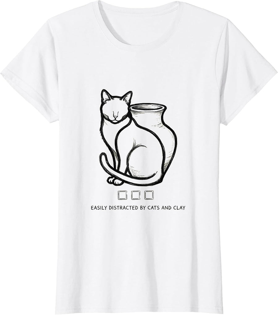 Women's Easily Distracted By Cats And Clay Funny Cat Lover Line Art T-Shirt - White
