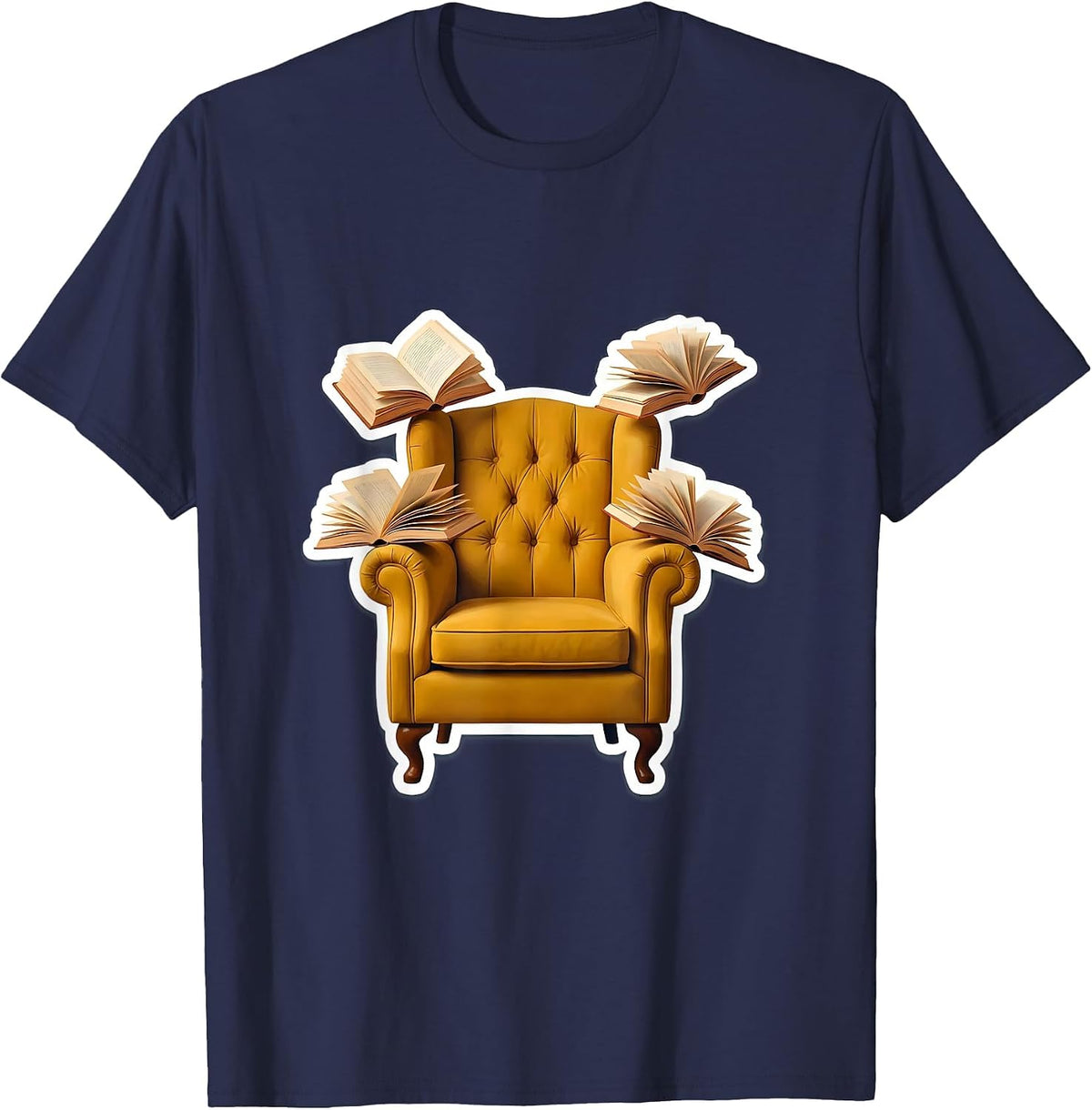 Men's Reading Teacher Cozy Armchair Floating Books Design T-Shirt - Navy Blue