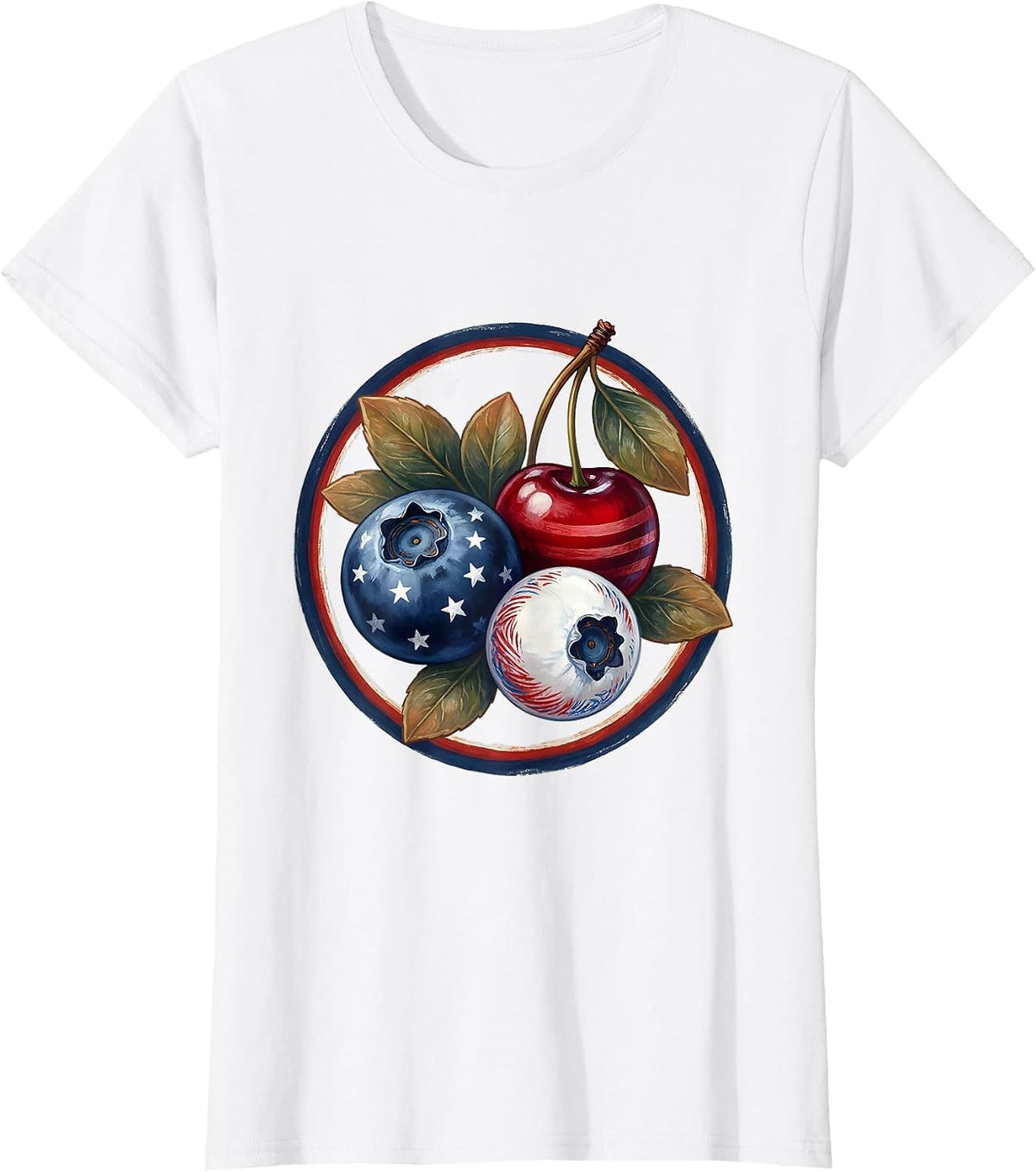 Red White and Blueberries Patriotic Fruit Art T-Shirt - White