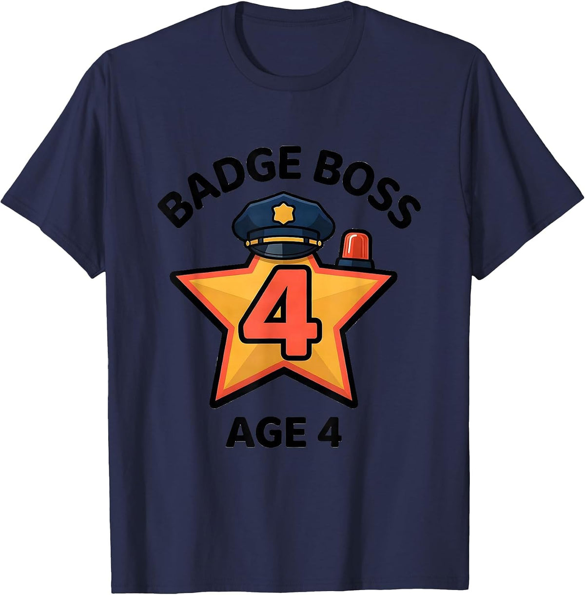 Badge Boss Age 4 Future Police Officer Kids Birthday Party T-Shirt - Navy Blue