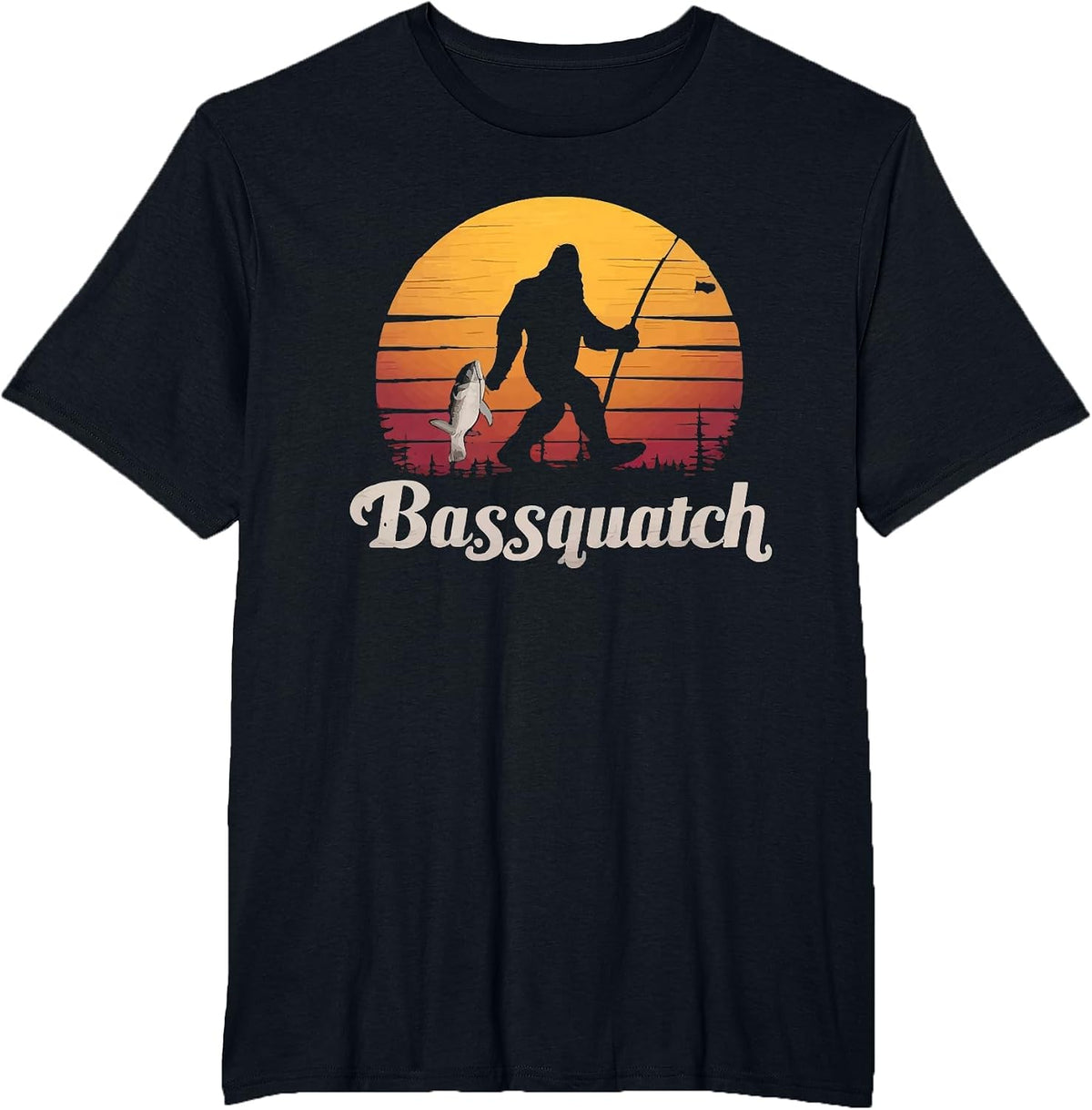 BassSquatch Bigfoot Fishing Bass Forest Silhouette T-Shirt - Black