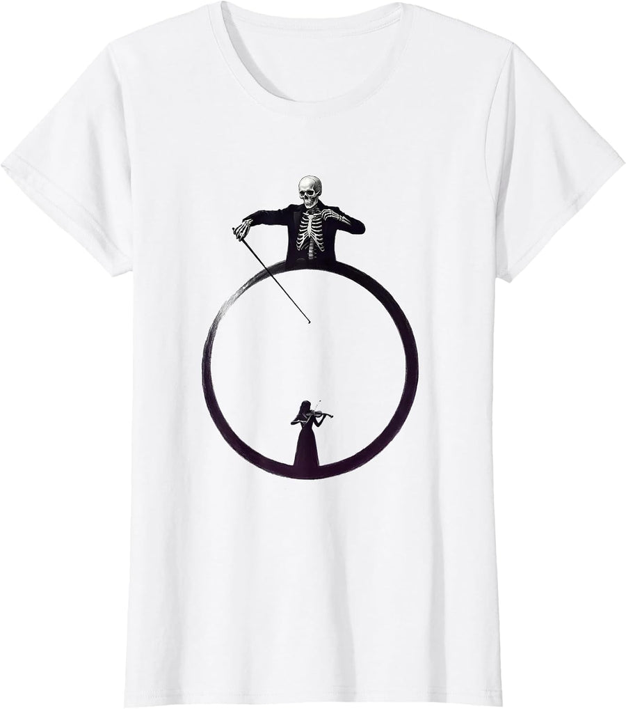 Women's Skeleton Conductor Ghost Violin Minimalist Music Teacher T-Shirt - White