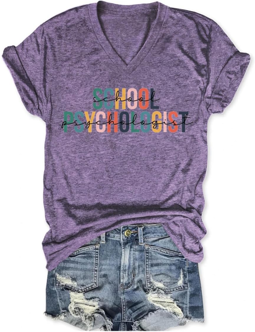 School Psychologist Shirt Women Teacher Mental Health Matters V Neck Shirts Funny School Counselor Graphic Tshirts - Purple