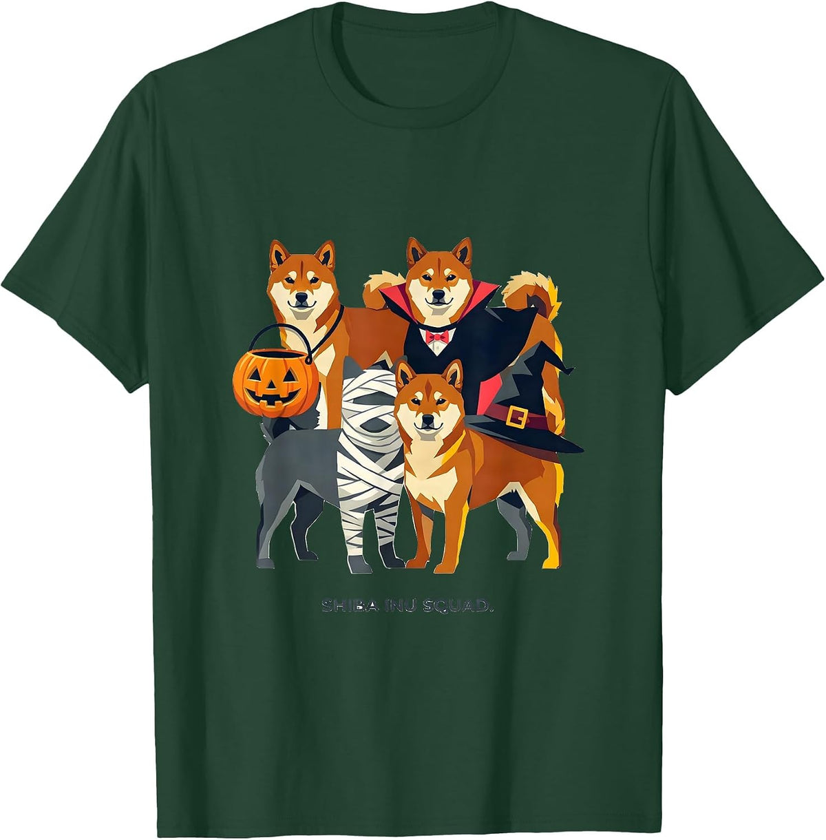 Men's Shiba Inu Squad Halloween Pumpkin Vampire Mummy Witch Dog T-Shirt - Dark Green