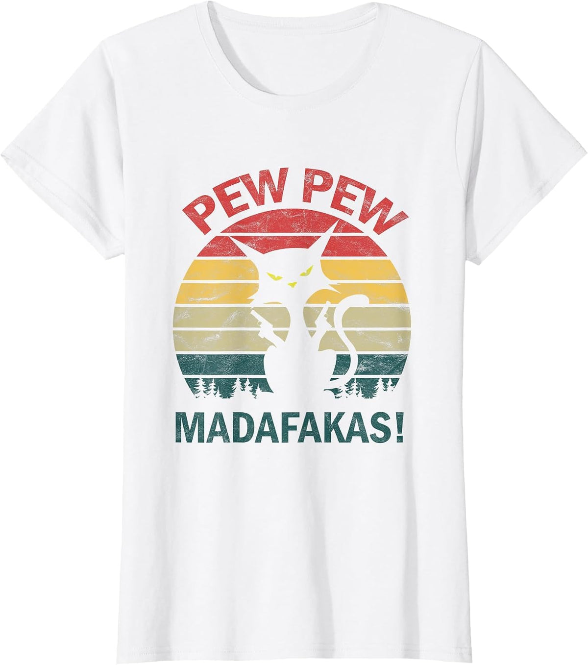 Funny Black Crazy Kitty Cat - Pew Pew Madafakas T-Shirt - White