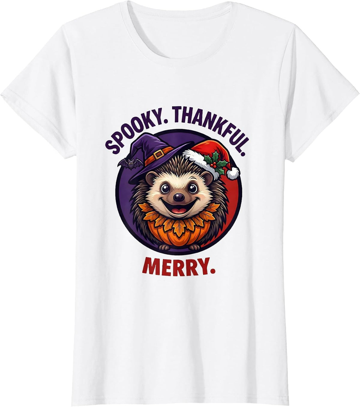 Women's Spooky Thankful Merry Mascot Logo Tri Holiday Halloween T-Shirt - White