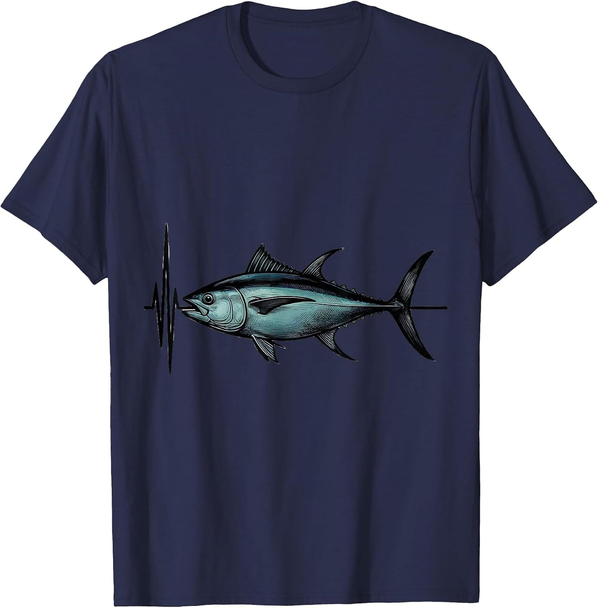Men's Bluefin Tuna Pulse Line Minimalist Fishing Angler T-Shirt - Navy Blue