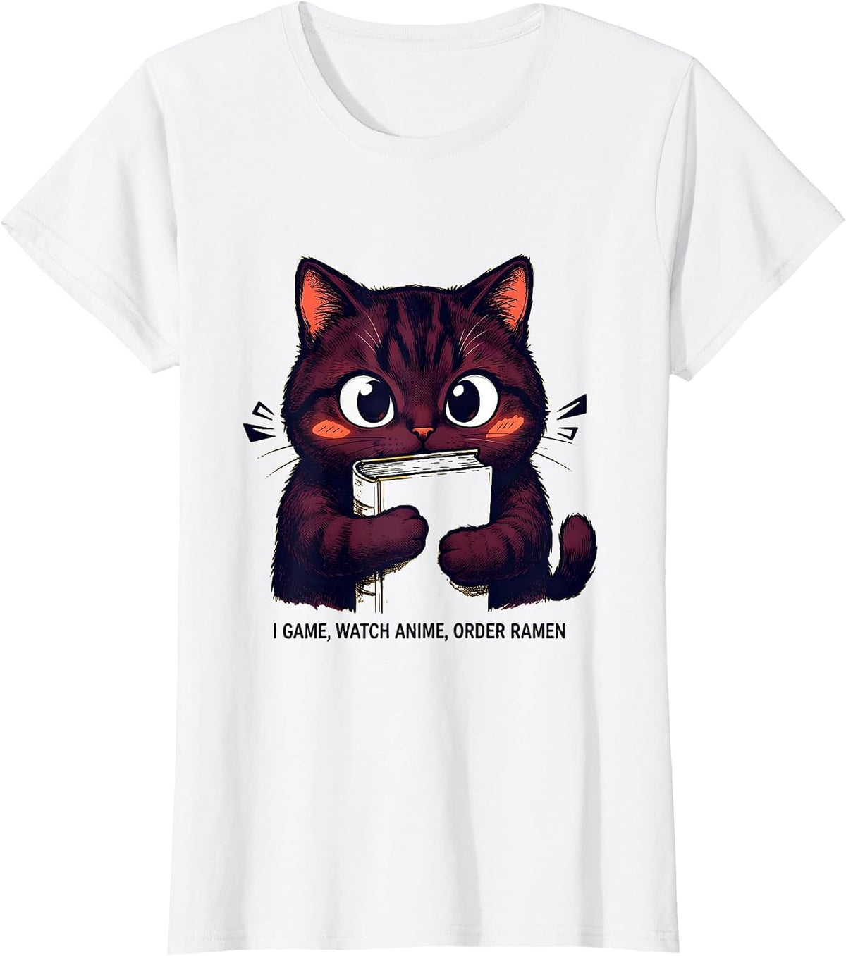 Women's I Game, Watch Anime, Order Ramen Funny Kawaii Anime Cat T-Shirt - White