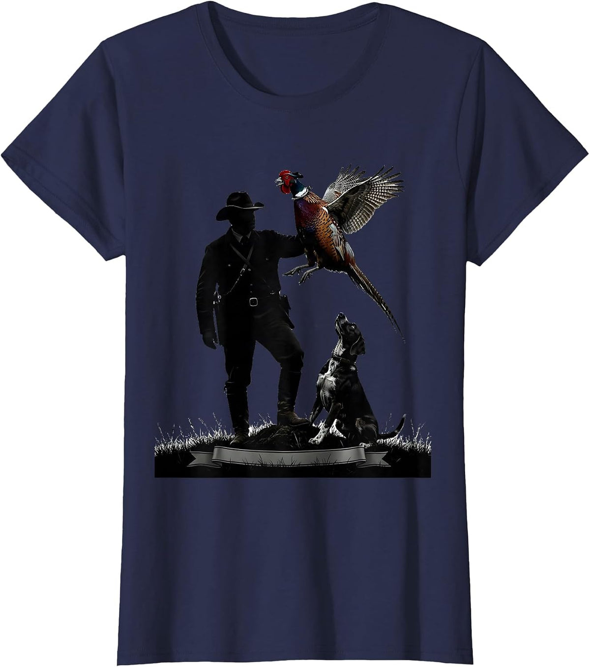 Women's Pheasant Hunter Silhouette Bird Dog Upland Hunting T-Shirt - Navy Blue