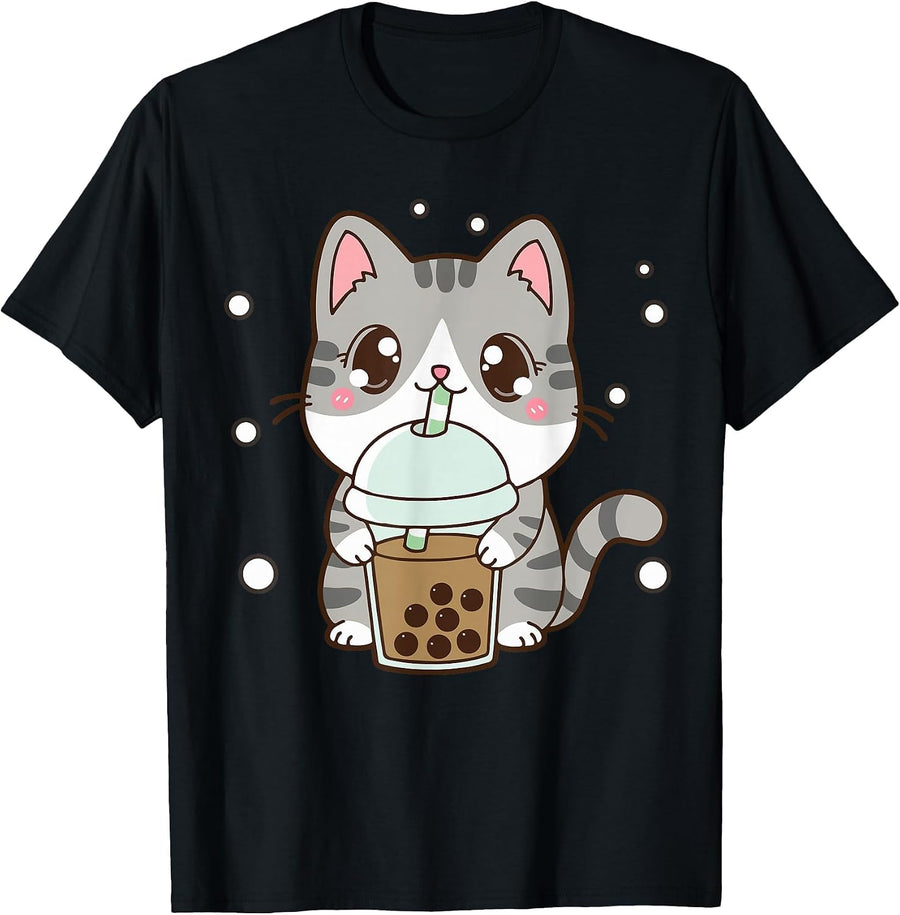 Cat Boba Bubble Tea Cute Kawaii Anime Teen Girl Kids Graphic T-Shirt, Men, Black, Small - As Pictured