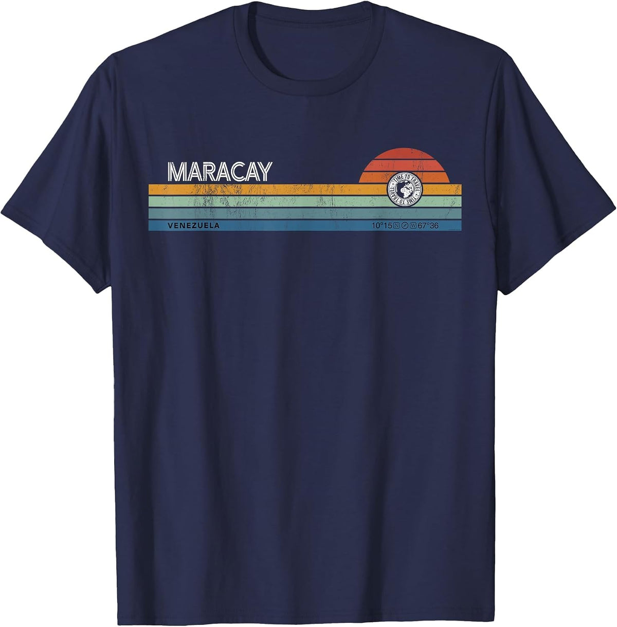 Maracay Venezuela Retro Sunset Rainbow Synth Striped T-Shirt - Navy Blue