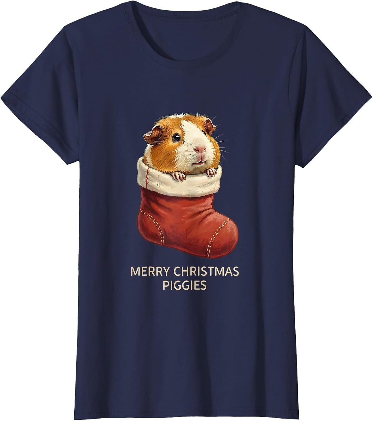 Women's Merry Christmas, Piggies Storybook Guinea Pig Pet Lover T-Shirt - Navy Blue