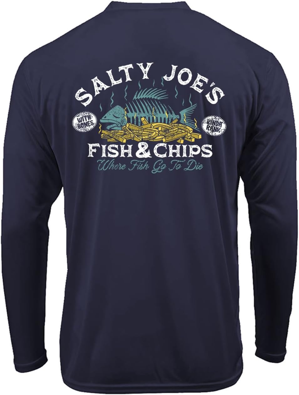 SALTY JOES UPF 50 Graphic Long Sleeve Performance Fishing Shirt Collection - Navy \/ Fish N' Chips Logo