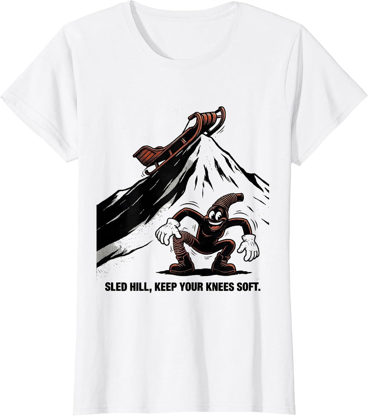 Women's Sled Hill Keep Your Knees Soft Retro Cartoon Physical T-Shirt - White