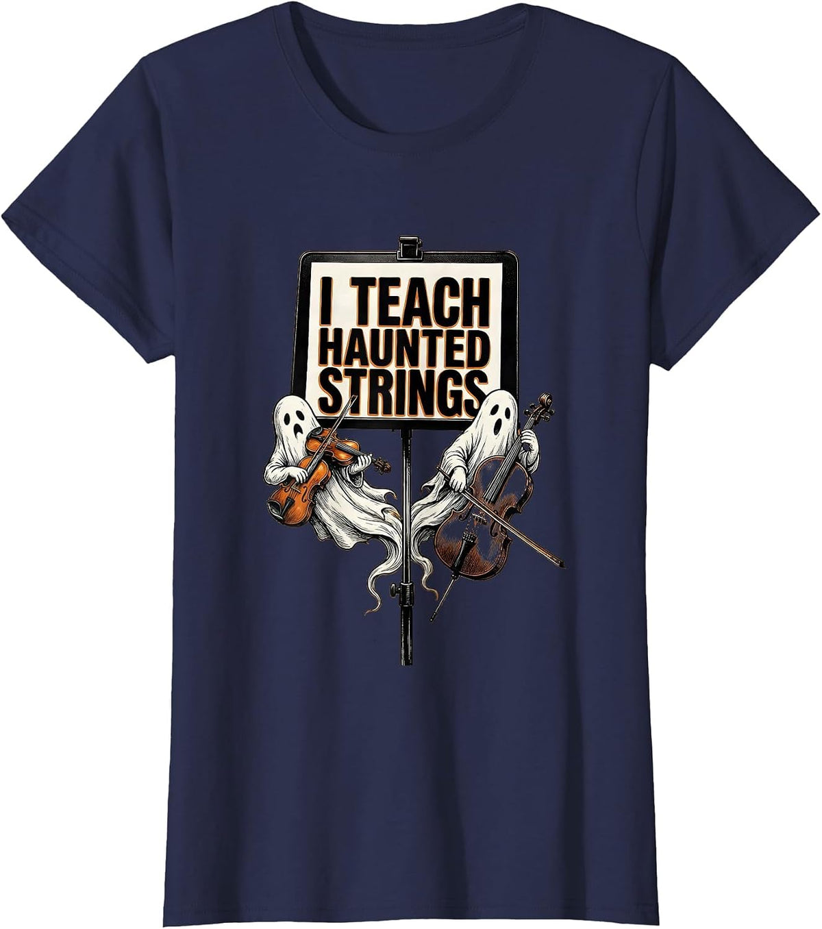 Women's I Teach Haunted Strings Funny Music Teacher Ghost Band T-Shirt - Navy Blue