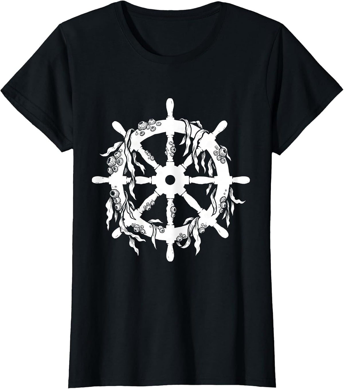 Women's Barnacle Ship Wheel Nautical Sailor Graphic T-Shirt - Black