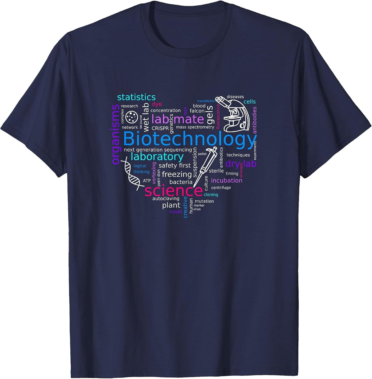 Word Cloud biotech with Microscope, Pipette and DNA T-Shirt - Navy Blue