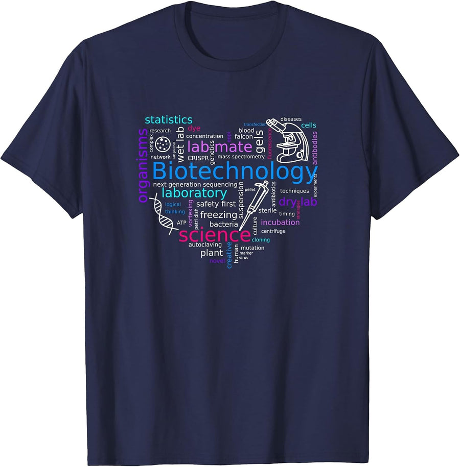Word Cloud biotech with Microscope, Pipette and DNA T-Shirt - Navy Blue
