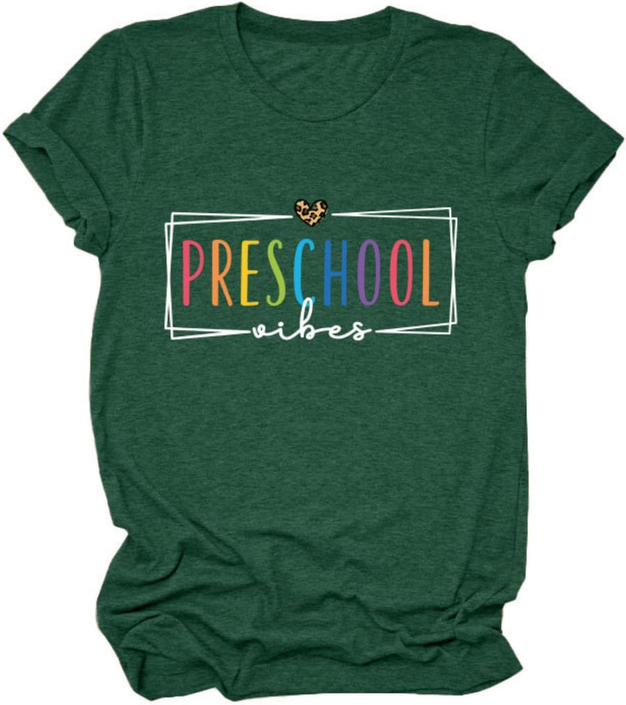 Preschool Vibes Shirt for Women Preschool Teacher Short Sleeve Back to School Teacher Tops Summer Crewneck T Shirts - Dark