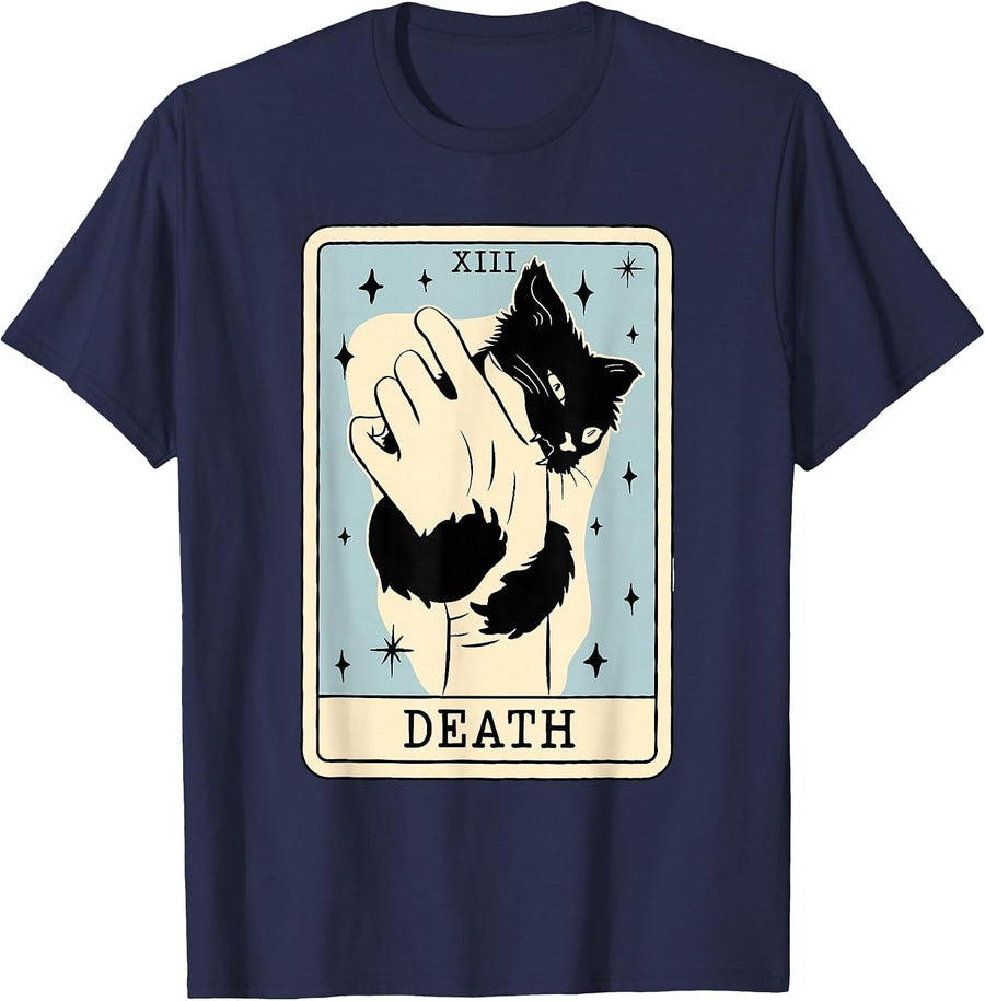 Black Cat Tarot Death Halloween Witchy Cat Lover Men Women T-Shirt - Navy Blue