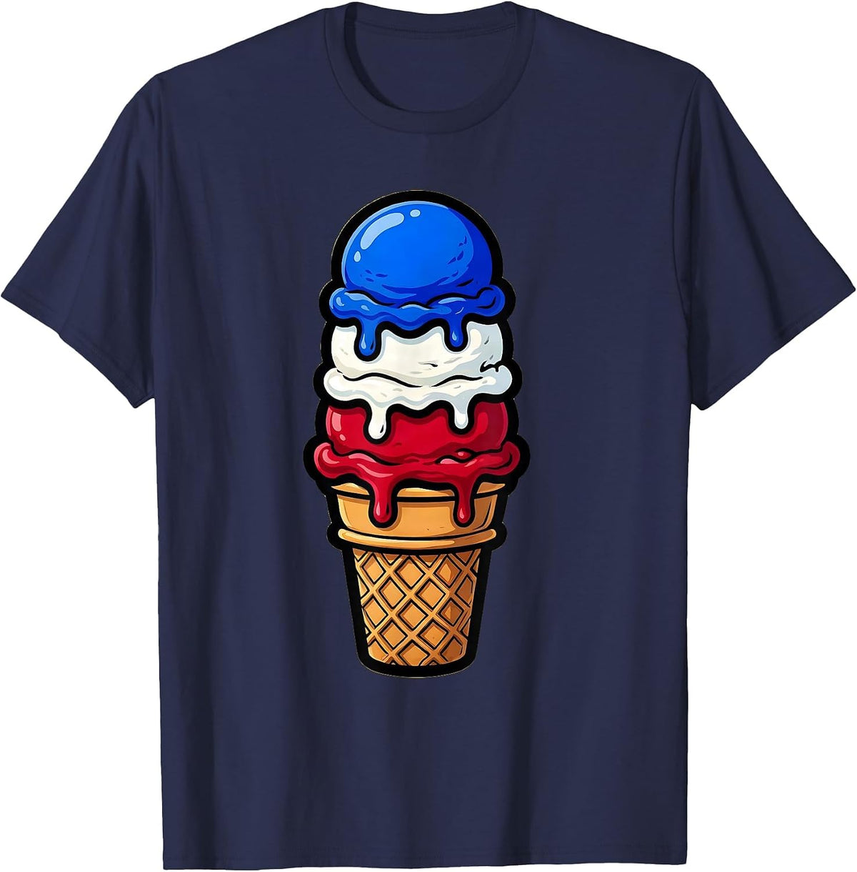 Red White and Blue Ice Cream Cone Graphic T-Shirt - Navy Blue
