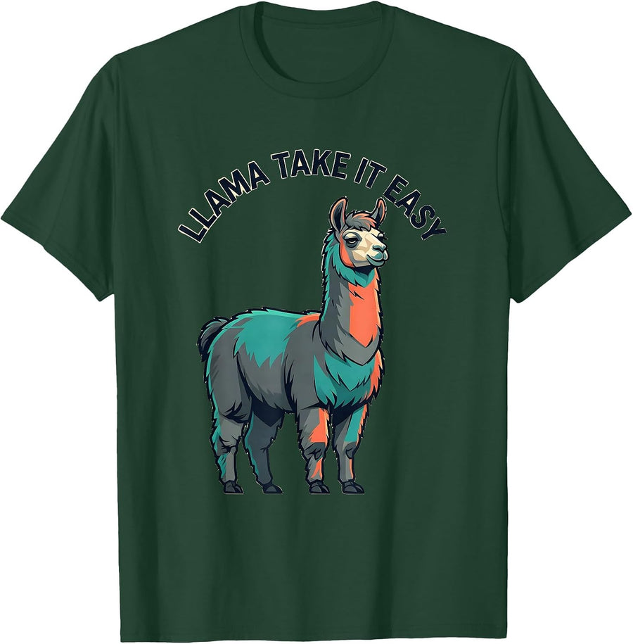 Men's Llama Take It Easy Funny Llama Alpaca Humor Gift T-Shirt - Dark Green