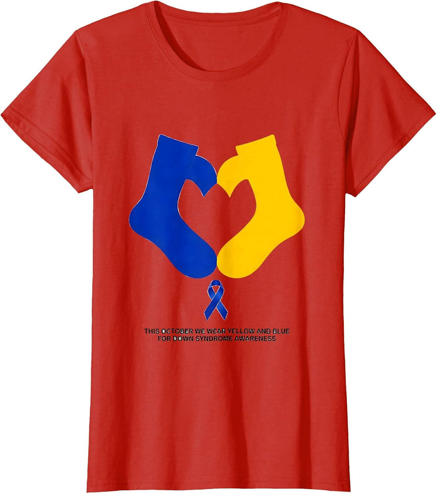 Women's This October We Wear Yellow And Blue Down Syndrome Awareness T-Shirt - Red