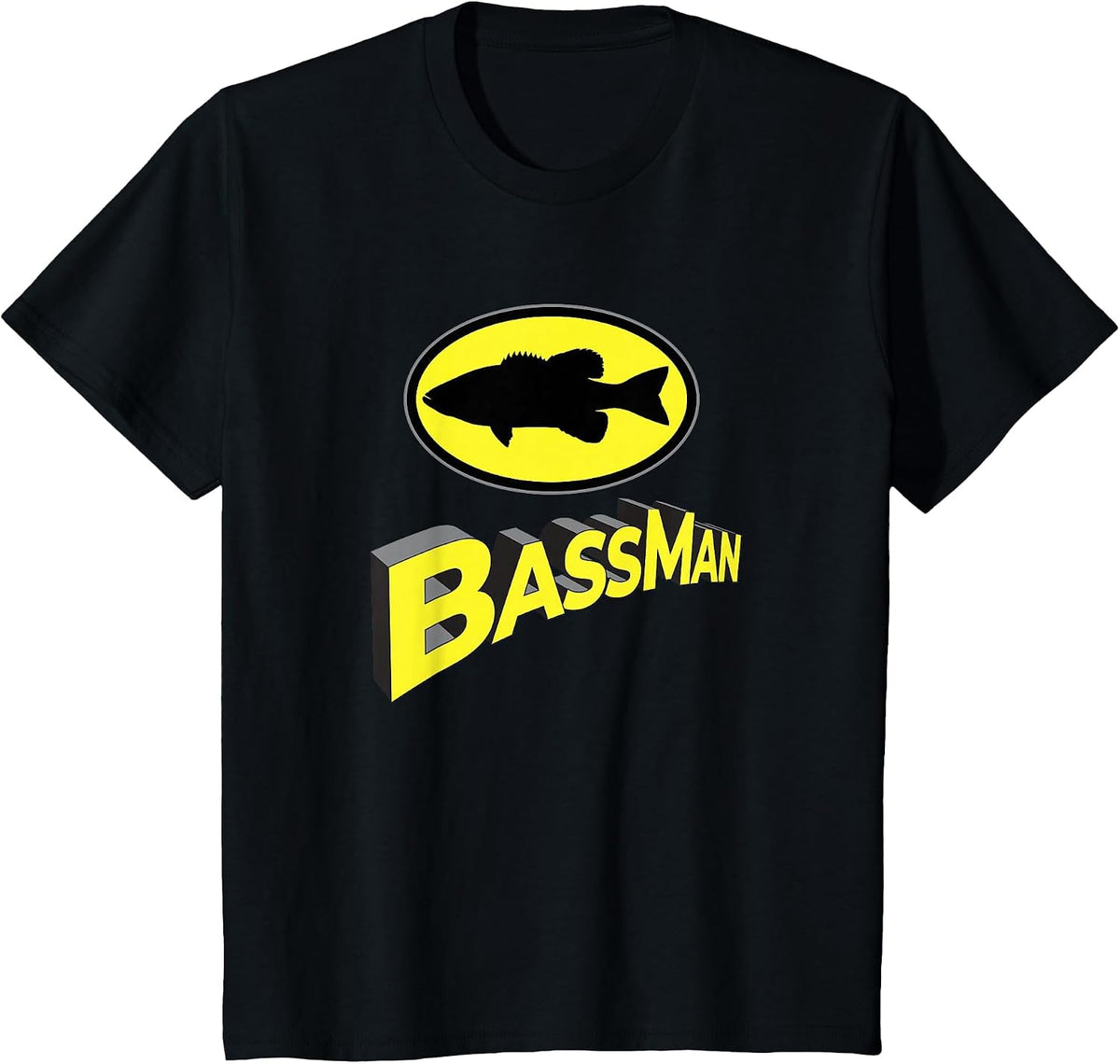 Classic Bass Man Fishing Design Men Womens Superhero Novelty T-Shirt - Black