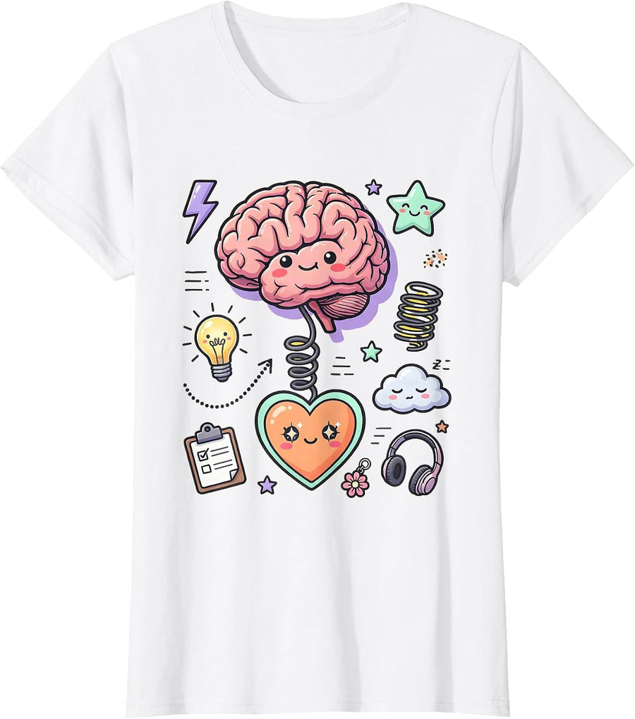 Women's Rizz Em With The Tism Glowing Brain Heart T-Shirt - White