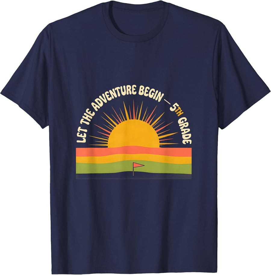 Let The Adventure Begin 5th Grade Retro 70s Back To School T-Shirt - Navy Blue