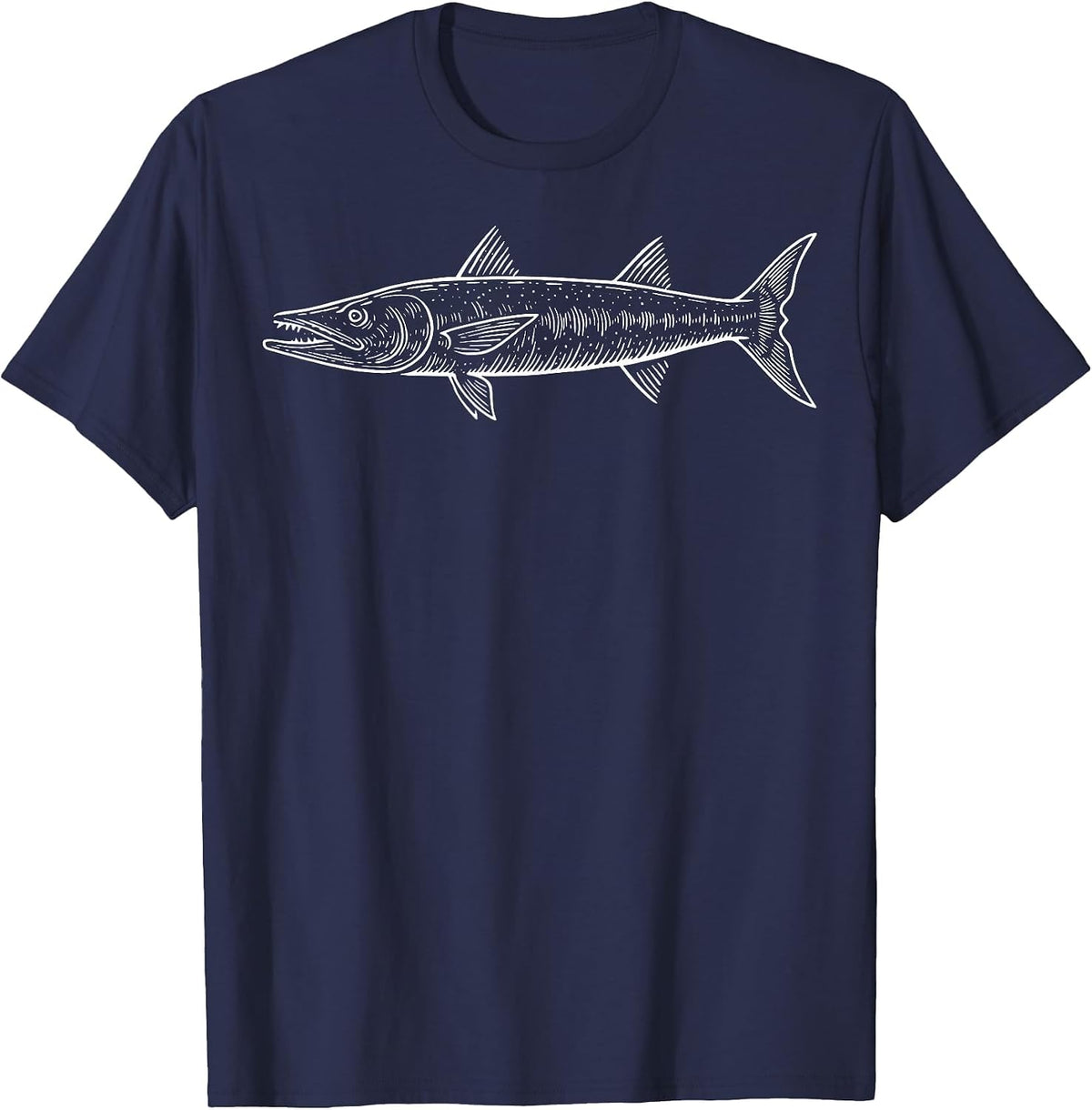 Barracuda Fish Illustration Deepsea Fisher Spearfisher T-Shirt - Navy Blue