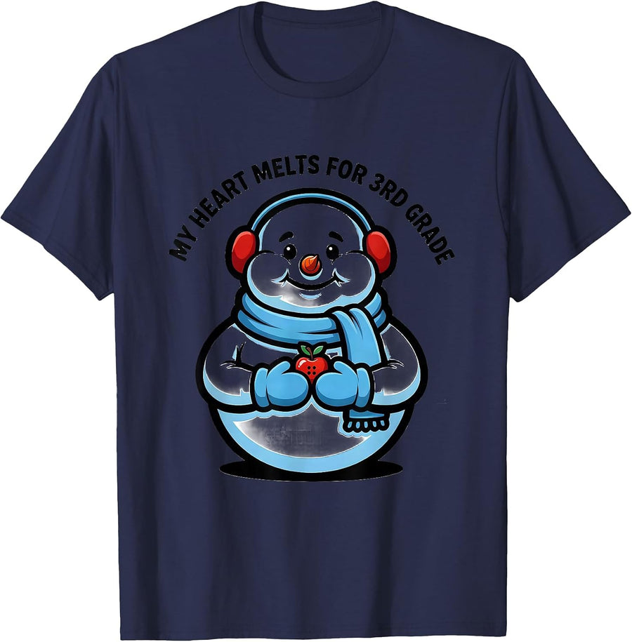 My Heart Melts For 3rd Grade Funny Teacher Christmas Snowman T-Shirt - Navy Blue