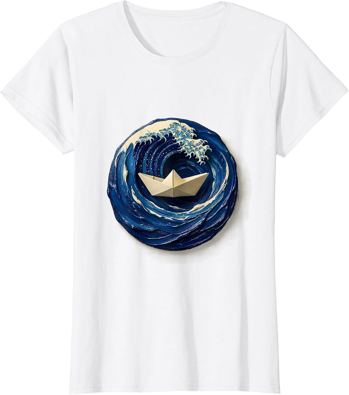 Women's Small Boat vs Massive Waves Nautical Art T-Shirt - White