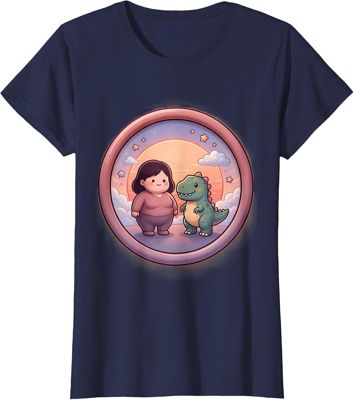 Women's Dinosaur and Human Silhouette Sunset Design T-Shirt - Navy Blue