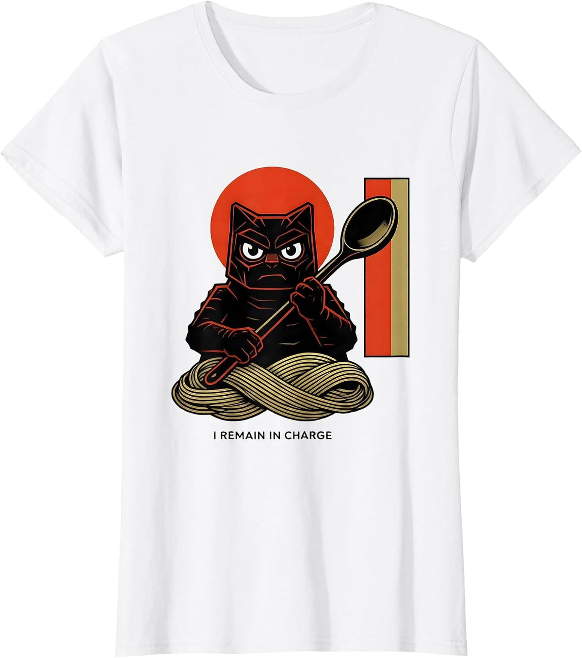 I Remain In Charge Geometric Kaiju Cat Ramen Samurai Humor T-Shirt - White