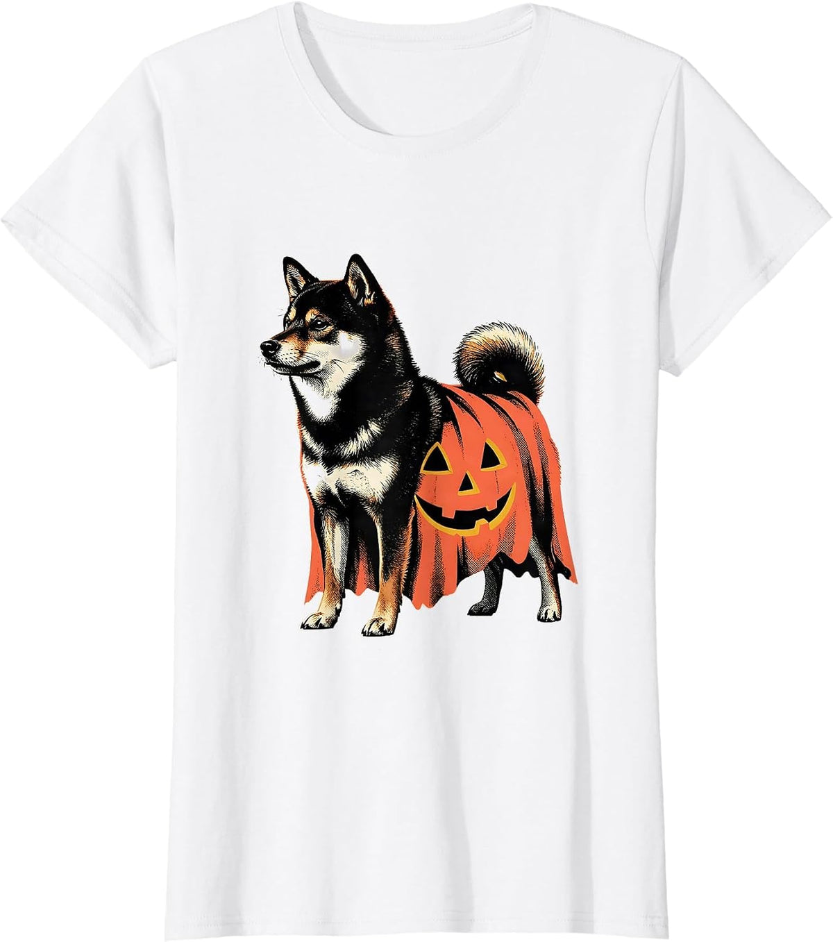 Women's Shiba Inu Ghost Pumpkin Midcentury Modern Halloween T-Shirt - White