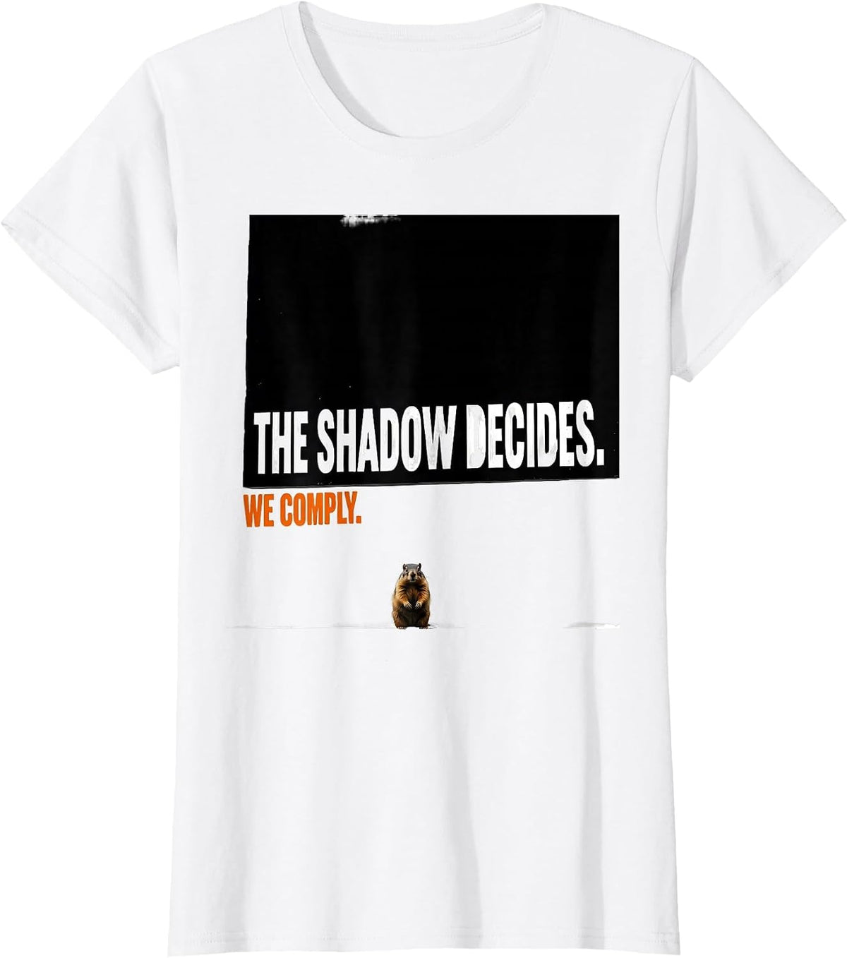 Women's The Shadow Decides We Comply Brutalist Humor Groundhog Day T-Shirt - White