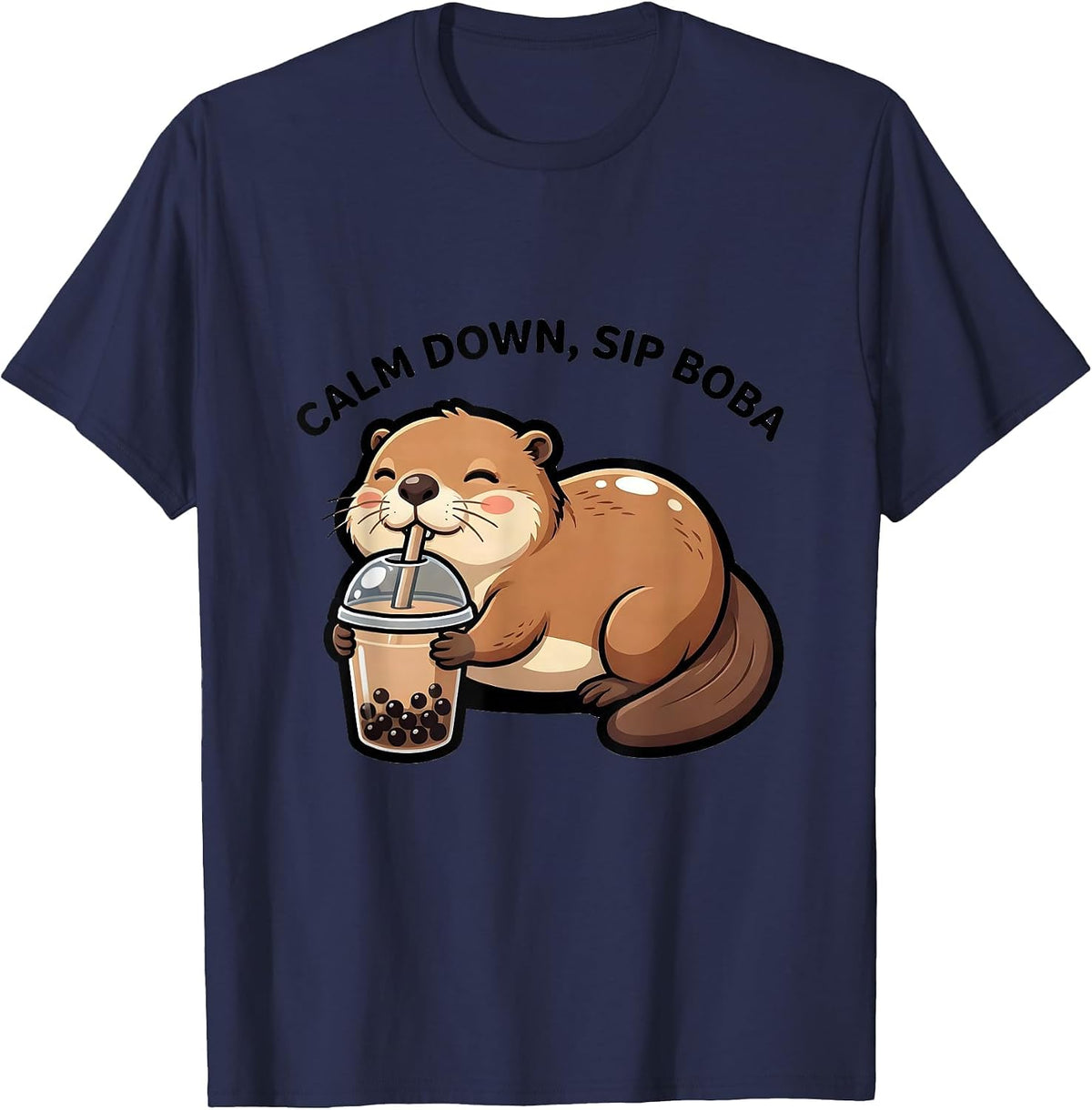 Calm Down, Sip Boba Cute Kawaii Anime Animal Boba Tea Lover T-Shirt - Navy Blue