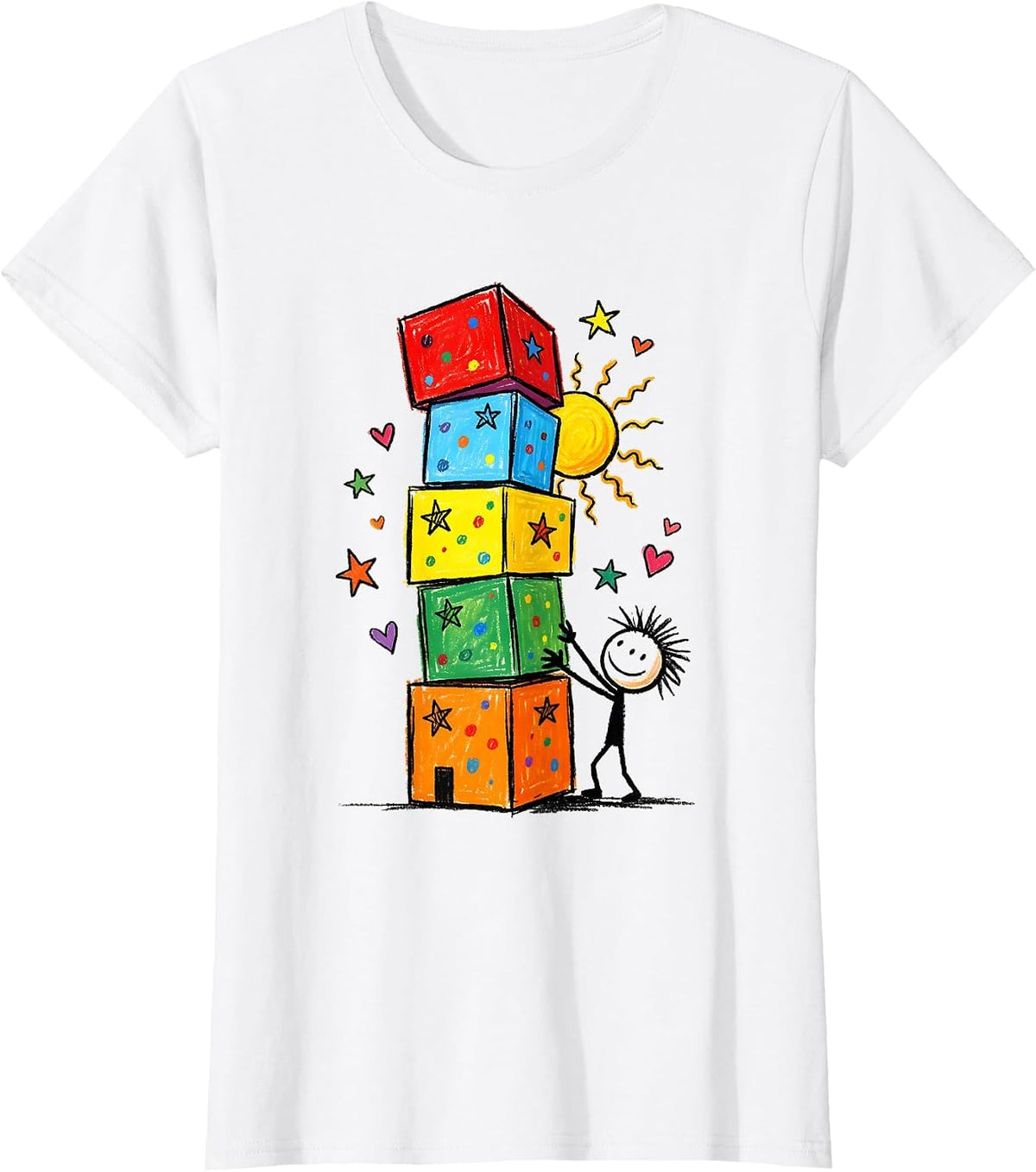 Women's Preschool Teacher Building Blocks Tower Graphic T-Shirt - White