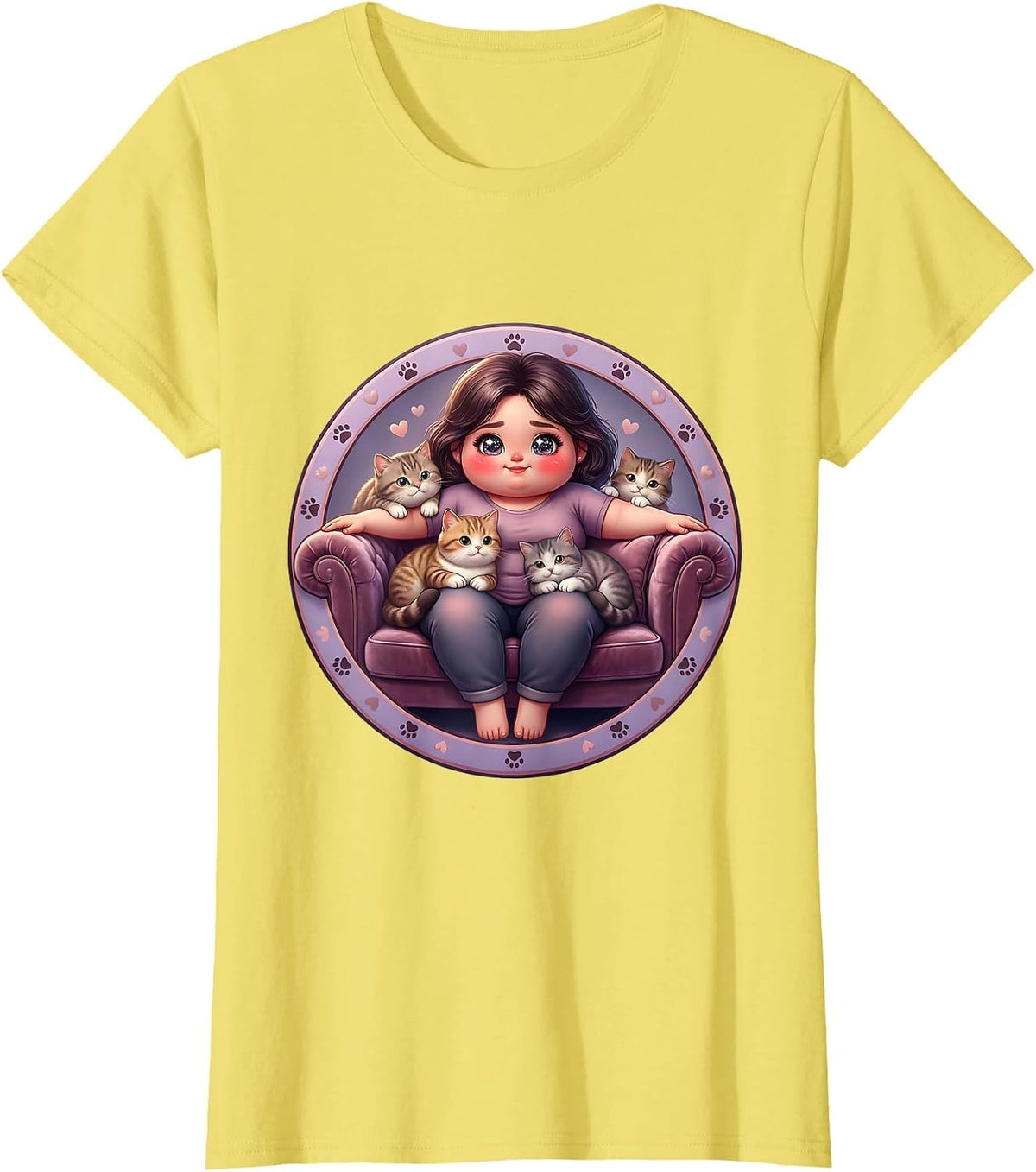 Crazy Cat Auntie Velvet Couch Illustration T-Shirt - Lemon Yellow