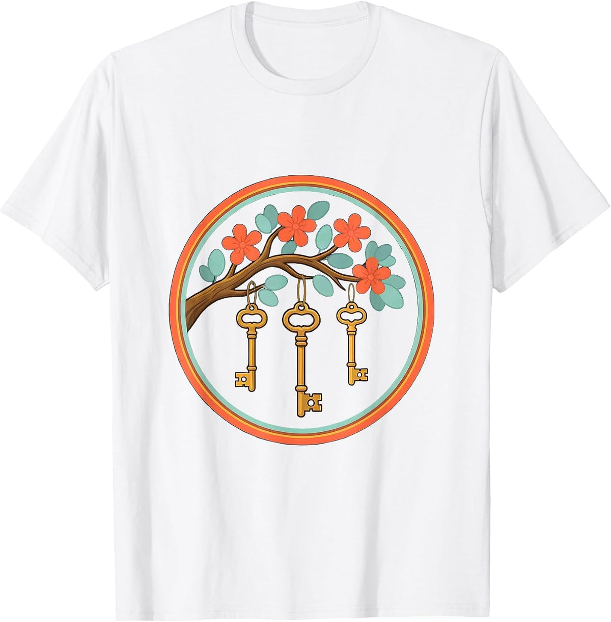 Men's Special Education Keys Blooming Tree Branch Design T-Shirt - White