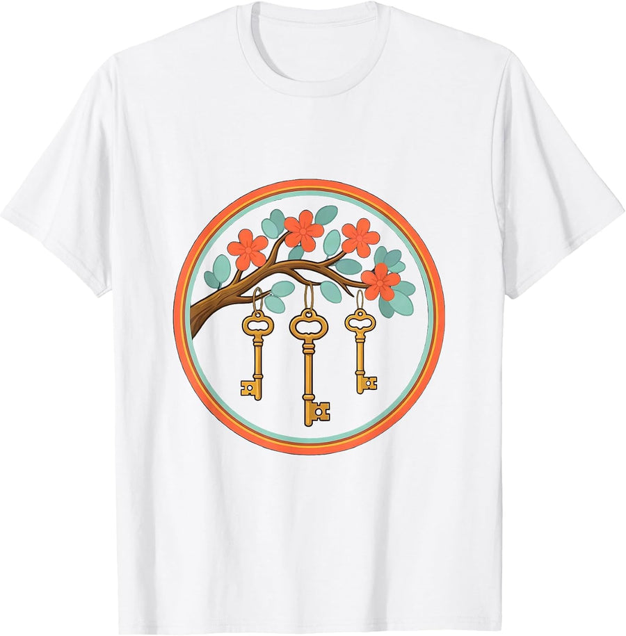 Men's Special Education Keys Blooming Tree Branch Design T-Shirt - White