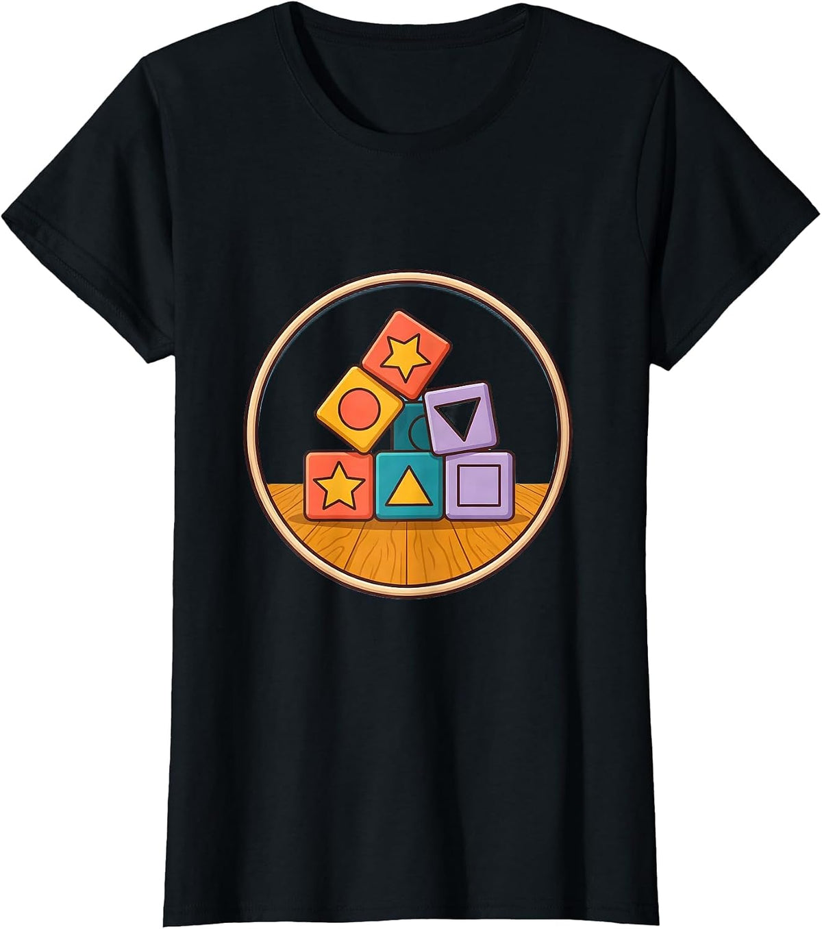 Women's Preschool Teacher Alphabet Blocks Graphic Tee T-Shirt - Black
