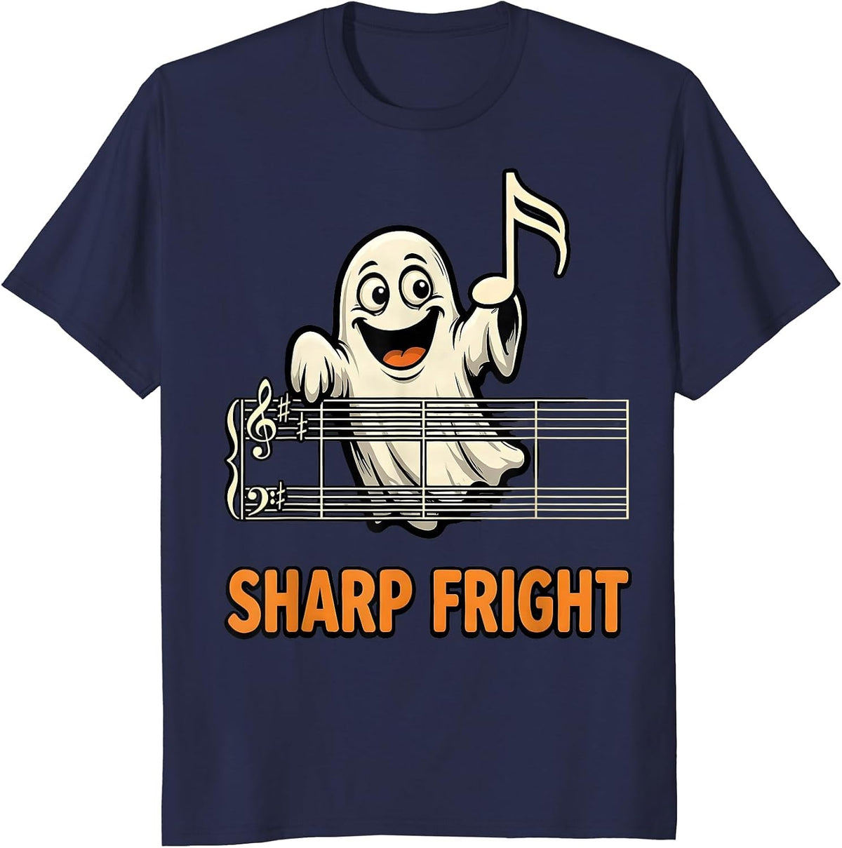 Men's Sharp Fright Cartoon Ghost Music Teacher Halloween Humor T-Shirt - Navy Blue
