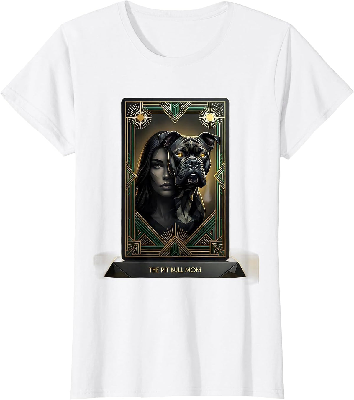 The Pit Bull Mom Art Deco Dog Mom Tarot Card Portrait T-Shirt - White