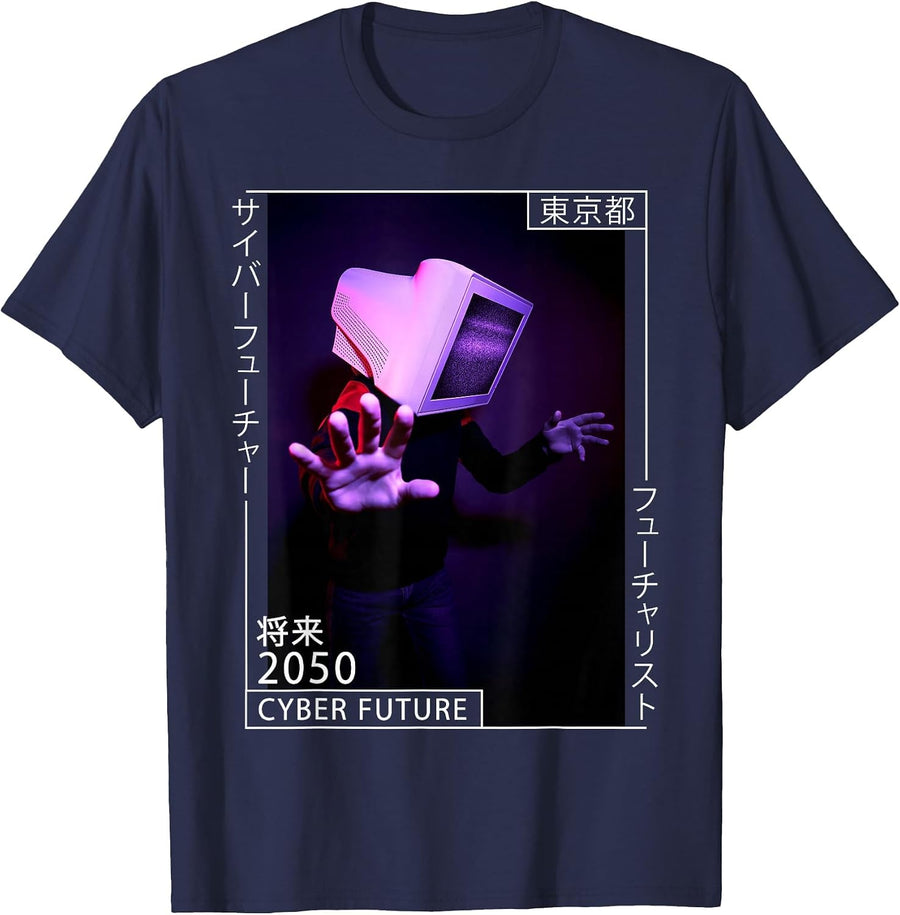 Japanese Aesthetic Cyberpunk Cyborg - 80s Futurism T-Shirt - Navy Blue