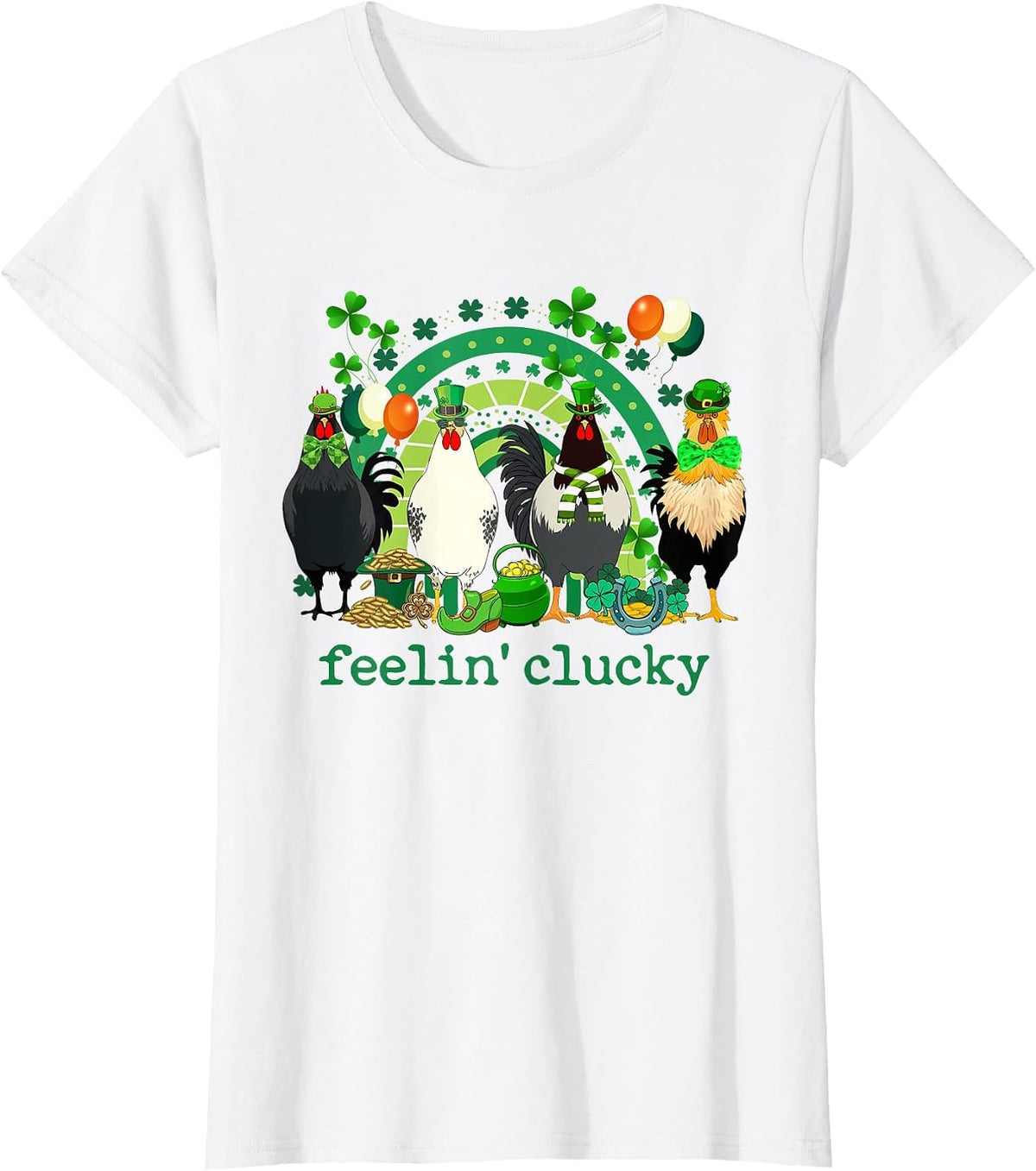 Feeling Clucky Chicken Rainbow Funny St Patricks Day Shamrock Tee T-Shirt - White