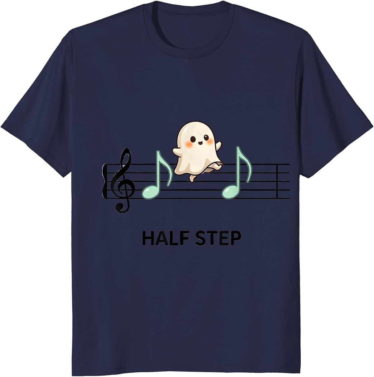 Half Step Cute Kawaii Ghost Music Teacher Halloween Humor T-Shirt - Navy Blue