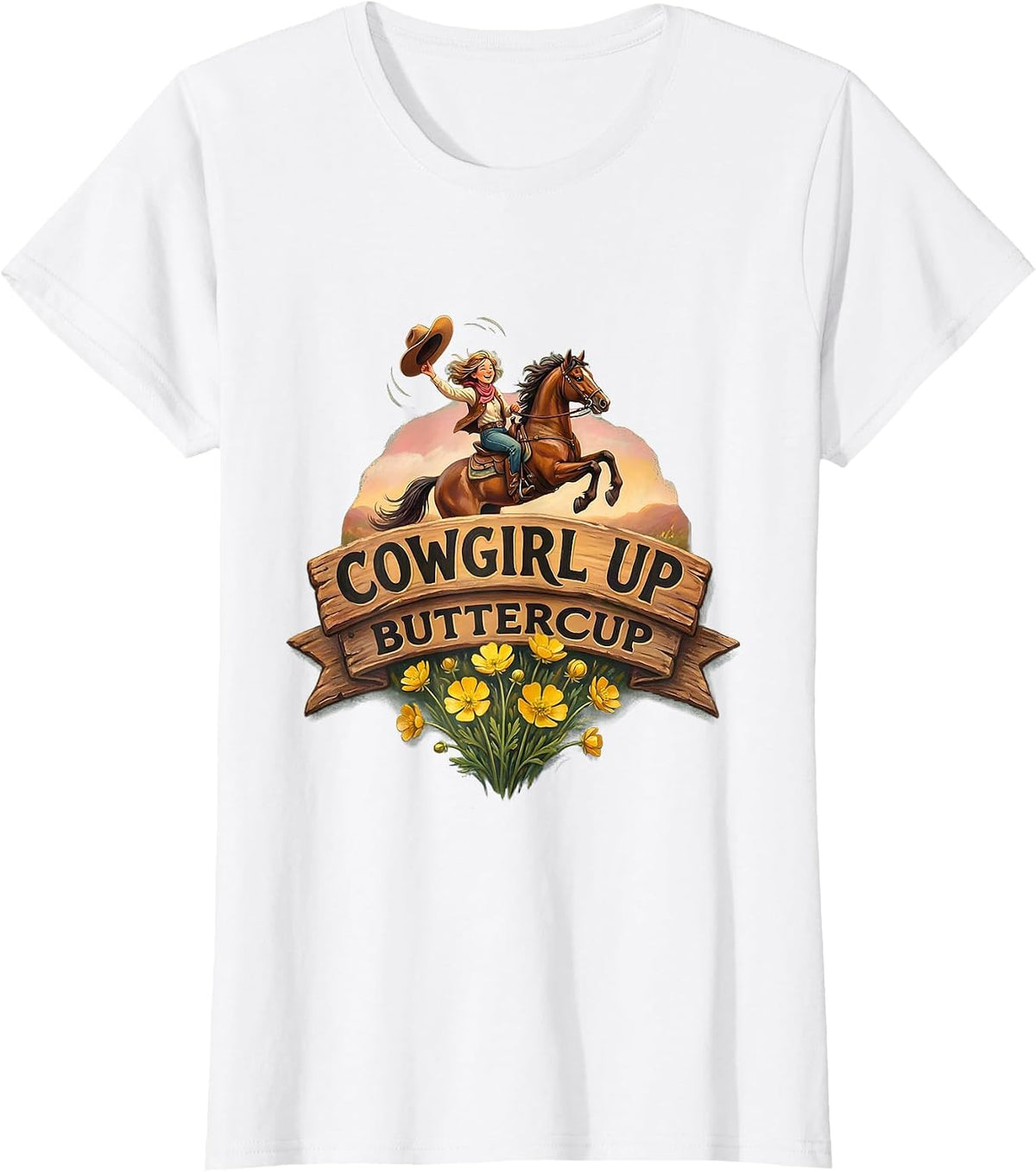 Women's Cowgirl Up Buttercup Rodeo Graphic Design T-Shirt - White